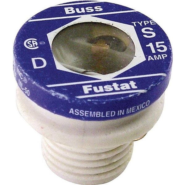 Eaton Bussmann Plug Fuse, S Series, Time-Delay, 15A, 125V AC, Indicating, 10kA at 125V AC S-15